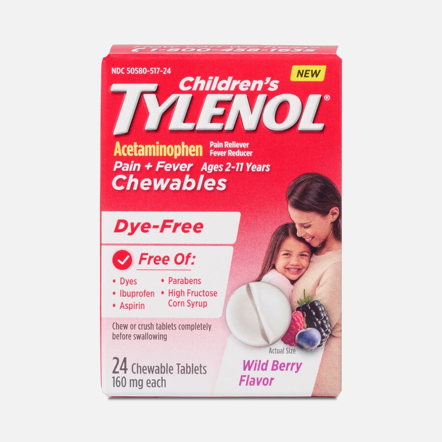 Children&rsquo;s Tylenol Dye-Free Wild Berry Chewables Pain and Fever Relief, Ages 2-11 Years, 24 ct., , large image number 0