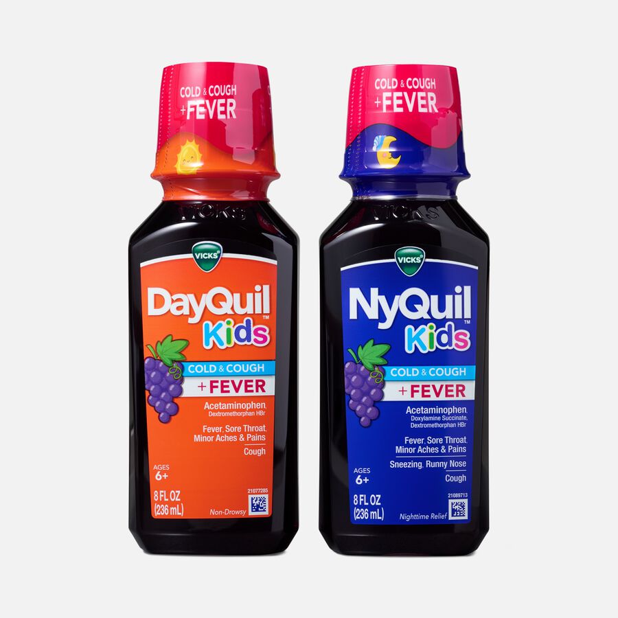 Vicks DayQuil & NyQuil Kids Cold & Cough + Fever Combo Pack, Grape, Two 8 oz. Bottles, , large image number 2