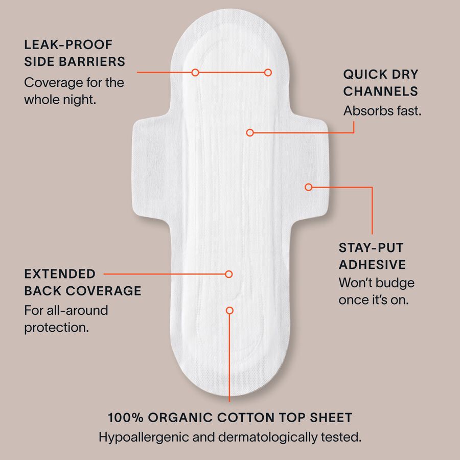 Cora Organic Cotton Ultra Thin Period Pads, Overnight, 28 ct., , large image number 1