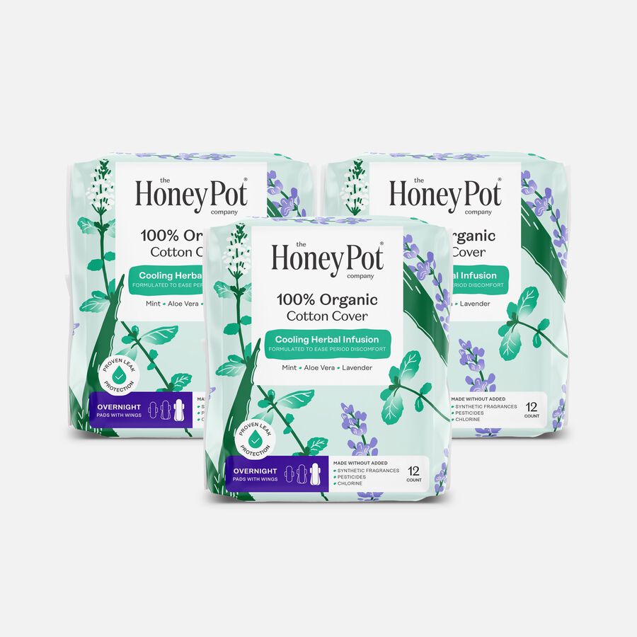 The Honey Pot 100% Organic Top Sheet Overnight Herbal Menstrual Pads with Wings, 12 ct. (3-Pack), , large image number 0