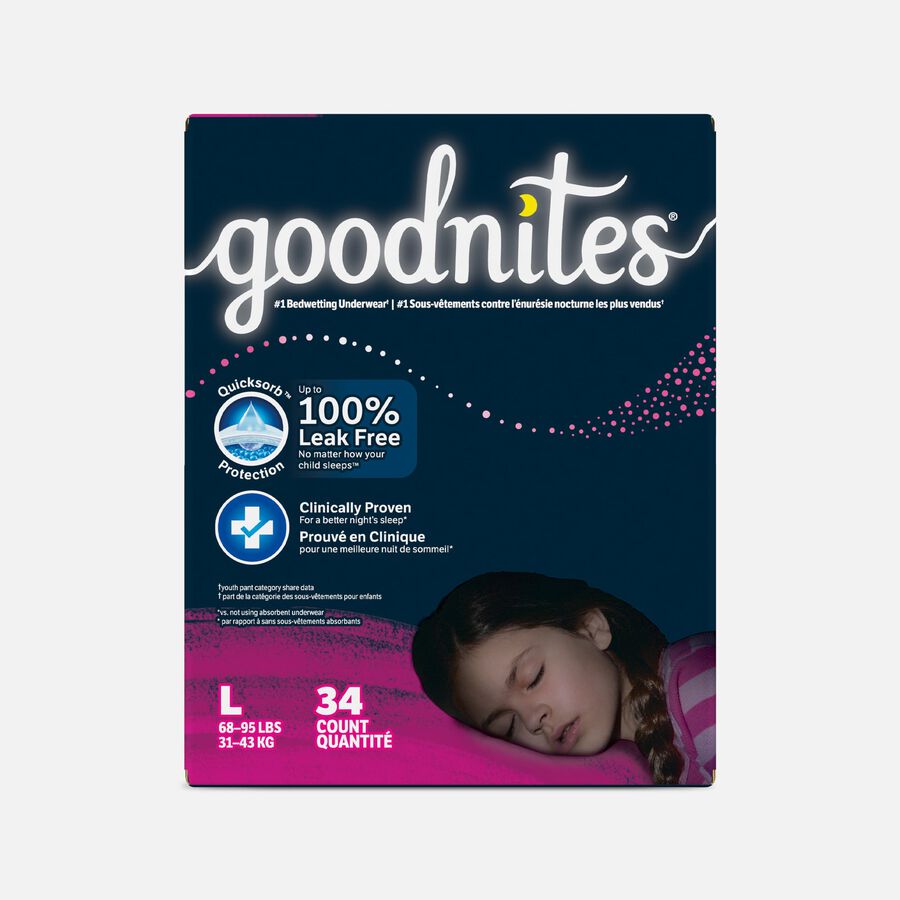 Goodnites Girls' Nighttime Bedwetting Underwear, Size Large (68-95 lbs), 34 ct., , large image number 0