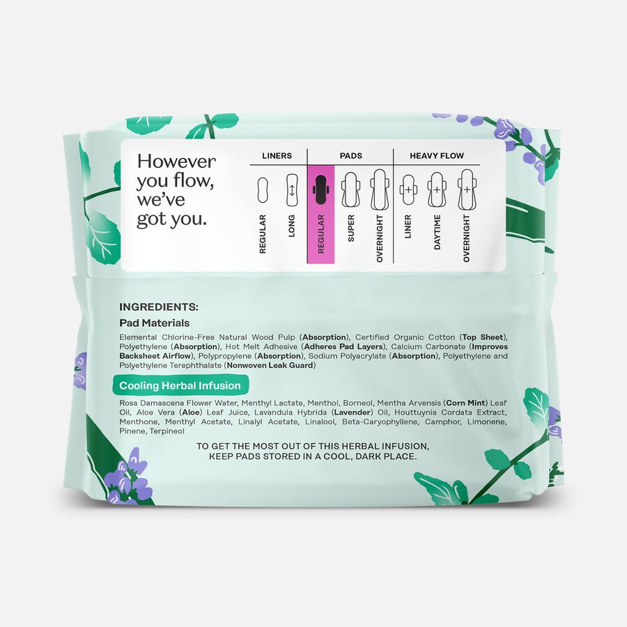 The Honey Pot 100% Organic Cotton Cover Regular Menstrual Pads with Wings, Herbal, 20 ct., , large image number 1