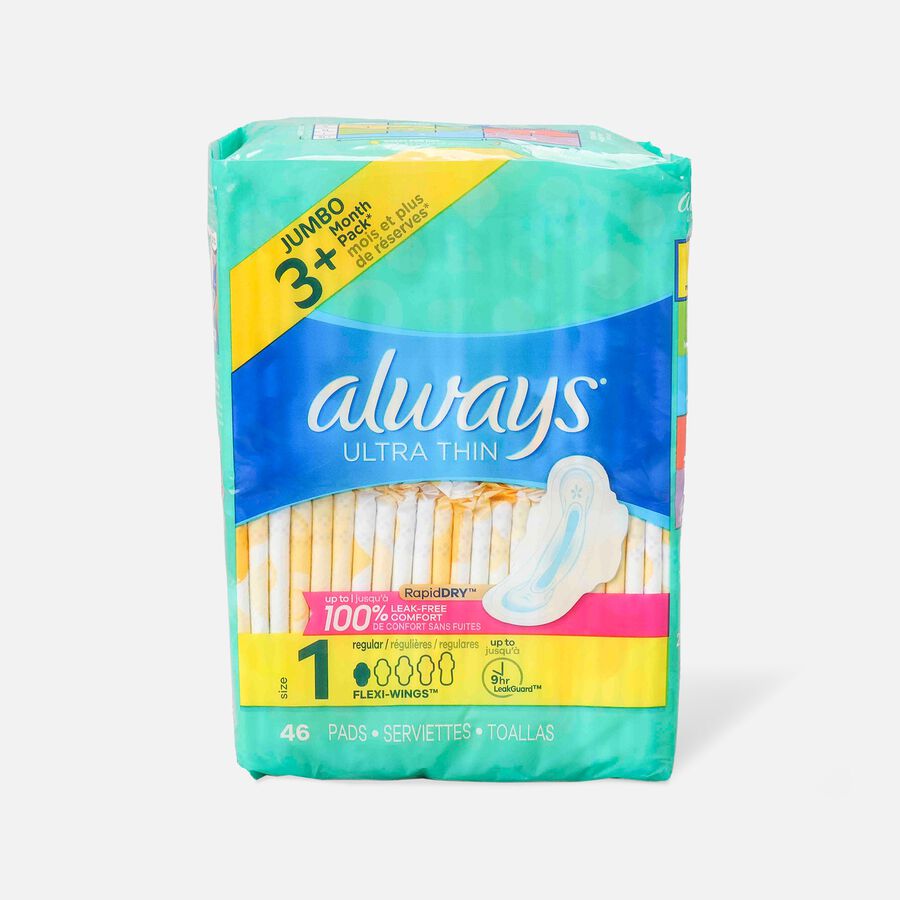 Always Ultra Thin Pads Regular Absorbency Unscented with Wings, Size 1, 46 ct., , large image number 0
