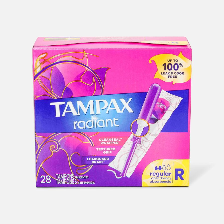 Tampax Radiant Tampons Regular Absorbency with BPA-Free Plastic Applicator and LeakGuard Braid, Unscented, 28 ct., , large image number 0