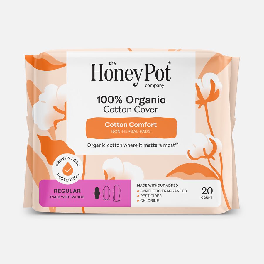 The Honey Pot 100% Organic Top Sheet Regular Non Herbal Menstrual Pads, 20 ct., , large image number 0